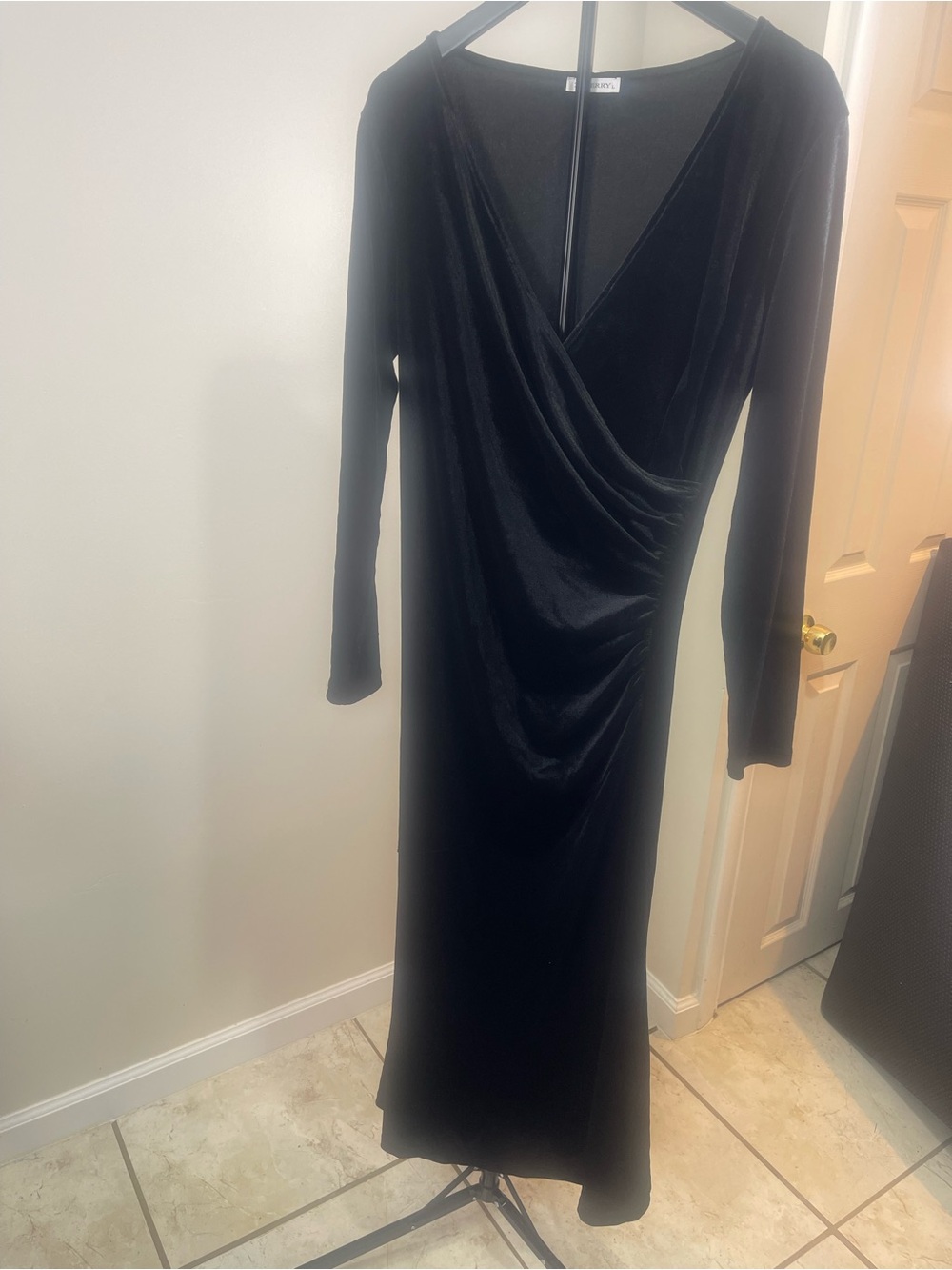 Velvet Long-Sleeve Draped Midi Dress